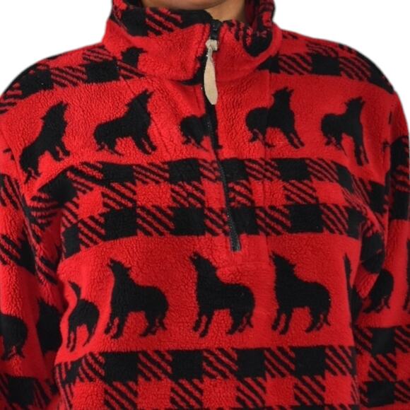 Woolrich Sherpa Fleece Jacket Red Quarter Zip Wolf Buffalo Plaid Blanket Large - Picture 4 of 16